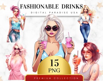 Set of 15, Fashionable Drinks Clipart, Cocktail Clipart, Fashion Girl Clipart, Lady Boss Clipart, Girl Clipart, Fashion Clipart, Digital Png