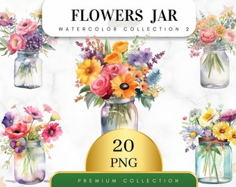 Set of 20, Watercolor Flowers in Jar Clipart, Flowers Png, Flower bouquet Png, Mixed Media, Digital Paper Craft, Wall Decor, Digital PNG