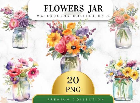 Set of 20, Watercolor Flowers in Jar Clipart, Flowers Png, Flower bouquet Png, Mixed Media, Digital Paper Craft, Wall Decor, Digital PNG