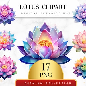 Set von 17, Aquarell Lotus Clipart, Lotus PNG, Blumen Clipart, Junk-Journal, Bündel, Sammelalbum, Lotus Kunst, digitaler Download, Sublimation PNG