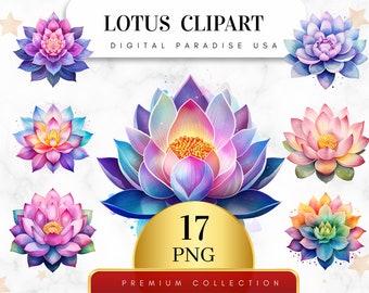 Set of 17, Watercolor Lotus Clipart, Lotus PNG, Floral Clipart, Junk Journal, Bundle, Scrapbook, Lotus Art, Digital Download,Sublimation PNG