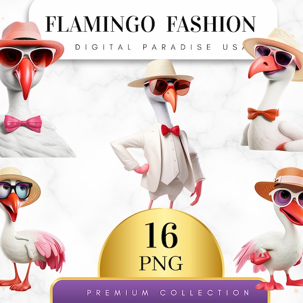 Set of 16, Flamingo Fashion Clipart, Flamingo Clipart, Flamingo PNG, Tropical Clipart, Junk Journal PNG, Sublimation PNG, Digital Download