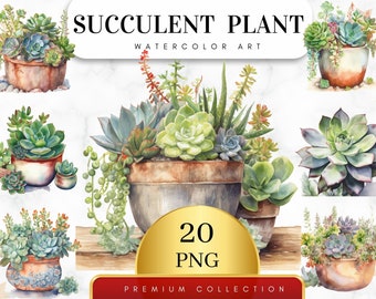 Set of 20, Watercolor Succulents Clipart, Desert Agave and Aloe Succulents in PNG format, Succulent PNG, Instant Download, Digital PNG