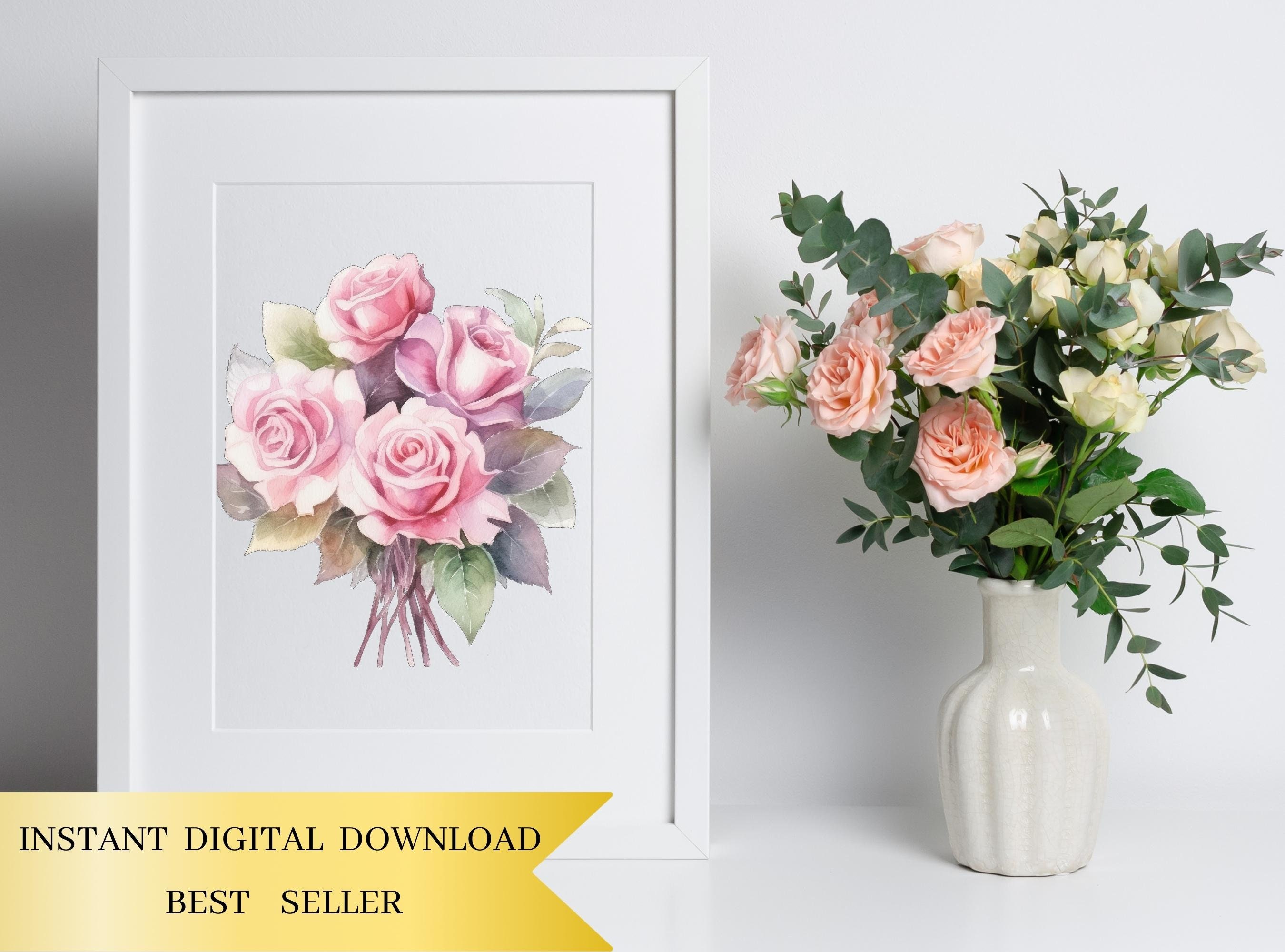 Set of 8, Watercolor Pink Roses Bouquet, Floral Clipart, Wedding Clip ...