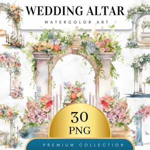 Set van 30, aquarel bloemen bruiloft altaar clipart, trouwdag clipart PNG, net getrouwd clipart, bruid en bruidegom PNG, digitale PNG