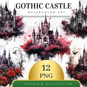 Set of 12, Gothic Castle Watercolor Clipart, Dark Fantasy Clip Art, Fairy Tale Decor, Medieval Graphics, Wall Art, Castle Png, Digital PNG
