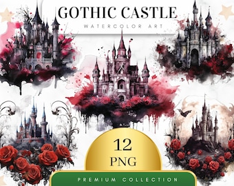 Set of 12, Gothic Castle Watercolor Clipart, Dark Fantasy Clip Art, Fairy Tale Decor, Medieval Graphics, Wall Art, Castle Png, Digital PNG