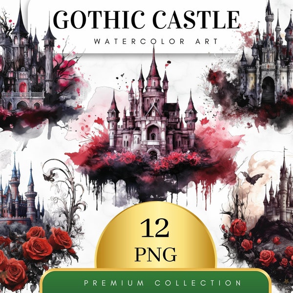 Set von 12, Gothic Schloss Aquarell Clipart, Dark Fantasy Clip Art, Märchen Dekor, Mittelalterliche Grafiken, Wandkunst, Schloss Png, Digitale PNG