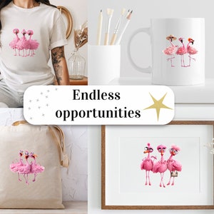 a woman sitting on a chair in front of a picture of flamingos