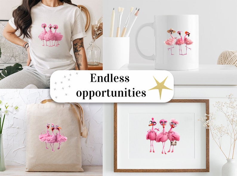 a woman sitting on a chair in front of a picture of flamingos