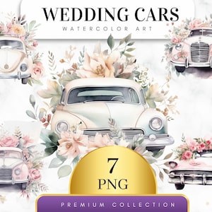 7er-Set, Aquarell Hochzeit Auto Clipart, gerade verheiratetes Auto, Floral Auto Clipart, Auto Bundle PNG, Aquarell Auto mit Blumen, Digitales PNG