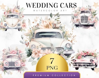 Set of 7, Watercolor Wedding Car Clipart, Just Married Car, Floral Car Clipart, Car Bundle PNG, Watercolor Car with Flowers, Digital PNG