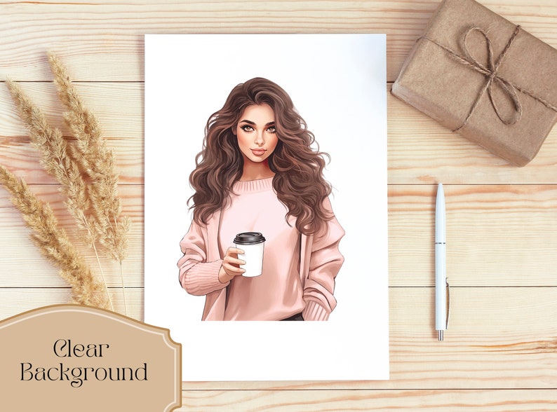 Set of 13, Watercolor Coffee Girl Clipart, Fashion Girl Clipart, Lady Boss Clipart, Girl Png, Girl Boss Clipart, Fashion Clipart,Digital Png image 3