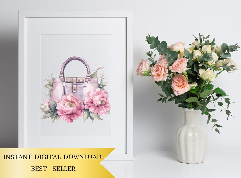 Set of 16, Watercolor Bag of Beauty Clipart, Fashion Bags clipart, Handbag clip Art, Floral Purse Png, Vintage Purse Clipart, Digital Png image 5