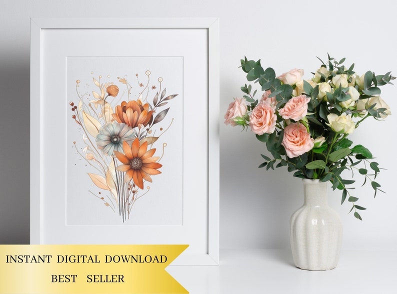 Lot de 120, dessin au trait floral aquarelle terreux, Clipart floral, imprimé floral, Clipart botanique, Art floral Png, Clipart mariage, numérique Png image 5