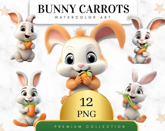 Set of 12, Watercolor Bunny Carrots Clipart, Bunny Clipart, Carrot PNG, Easter Clipart, Spring Clipart, Sublimation PNG, Digital Download