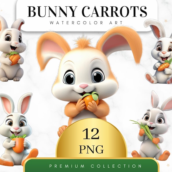 Set of 12, Watercolor Bunny Carrots Clipart, Bunny Clipart, Carrot PNG, Easter Clipart, Spring Clipart, Sublimation PNG, Digital Download