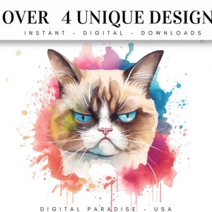 Conjunto de 4, imágenes prediseñadas de gato gruñón en acuarela, gato gruñón PNG, camiseta de gato gruñón, sublimación de animales PNG, gato PNG, arte de gato gruñón, PNG digital imagen 2