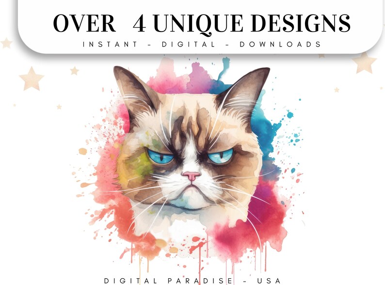 Conjunto de 4, imágenes prediseñadas de gato gruñón en acuarela, gato gruñón PNG, camiseta de gato gruñón, sublimación de animales PNG, gato PNG, arte de gato gruñón, PNG digital imagen 2