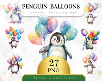May include: A set of 27 digital watercolor illustrations of penguins holding balloons. The penguins are wearing party hats and some are holding colorful balloons. The illustrations are perfect for creating invitations, cards, and other party decorations.