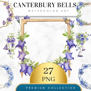 May include: A set of 27 watercolour illustrations of purple Canterbury bells flowers in various arrangements. The illustrations include wreaths, frames, and individual flowers. The flowers are painted in a realistic style with delicate details.