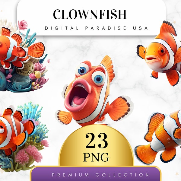 Set of 23, Clownfish Clipart, Underwater Creatures, Ocean Animals, Fish PNG, Sublimation PNG, Digital Download