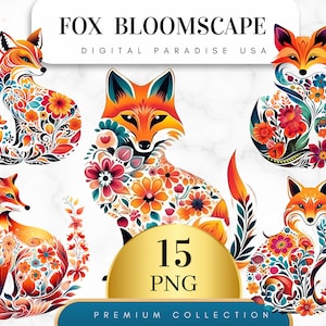 Set of 15, Watercolor Fox Bloomscape, Fox Clipart, Fox PNG, Floral Fox Art, Floral Clipart, Junk Journal, Sublimation PNG, Digital Download