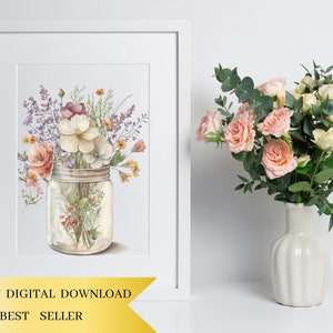 May include: A watercolor painting of a bouquet of wildflowers in a clear glass jar. The flowers are in shades of pink, purple, and white. The jar is sitting on a white background.
