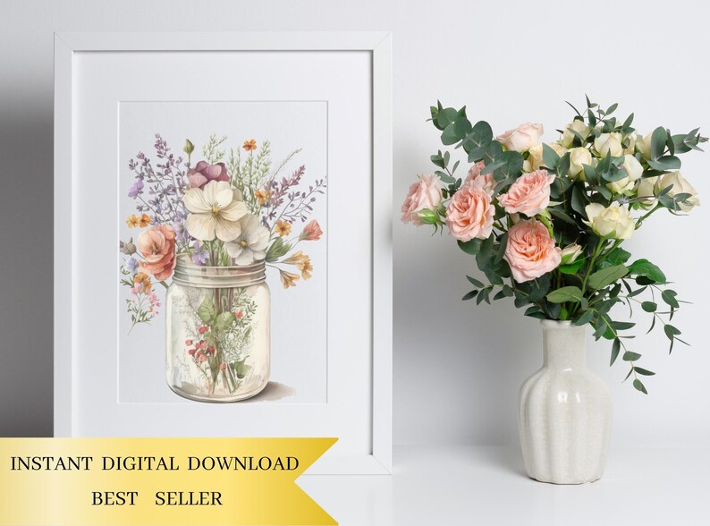 May include: A watercolor painting of a bouquet of wildflowers in a clear glass jar. The flowers are in shades of pink, purple, and white. The jar is sitting on a white background.