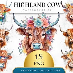Set of 18, Highland Cow PNG, Watercolor Highland clipart, Highland Cow, Baby Shower Decor, Boho Animal, Highland Cow Art,  Cow  PNG Clipart
