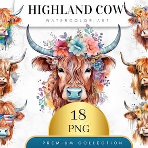 Set of 18, Highland Cow PNG, Watercolor Highland clipart, Highland Cow, Baby Shower Decor, Boho Animal, Highland Cow SVG,  Cow  PNG Clipart