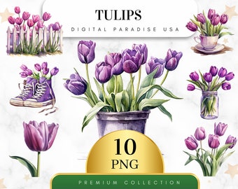 Set of 10, Watercolor Tulips Clipart, Tulip PNG, Spring Flower Clipart, Floral Bundle, Junk Journal, Scrapbook, Sublimation,Digital Download