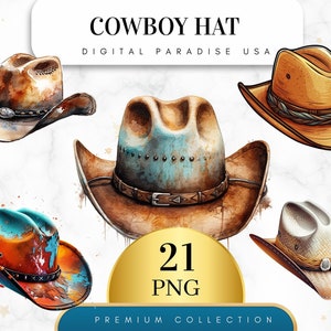 Set of 21, Cowboy Hat Clipart, Western Hat PNG, Cowgirl Hat, Cowboy Accessories, Rodeo Clipart, Sublimation Png, Wall Art, Digital Download