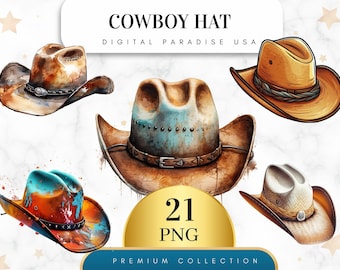 Zestaw 21, Clipart z kapeluszem kowbojskim, Kapelusz westernowy PNG, Kapelusz kowbojski, Akcesoria kowbojskie, Clipart rodeo, Sublimacja PNG, Sztuka ścienna, Pobieranie cyfrowe