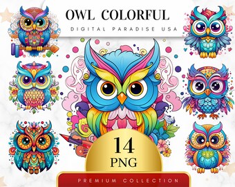 Set of 14, Colorful Owl Clipart, Owl PNG, Watercolor Owl, Owl Scrapbook, Junk Journal, Birds Clipart, Sublimation PNG, Digital Download