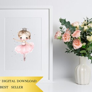 May include: A digital printable featuring a watercolor illustration of a ballerina wearing a pink tutu and a crown. The ballerina is surrounded by small white dots on a light gray background. The text "INSTANT DIGITAL DOWNLOAD BEST SELLER" is at the bottom of the image.