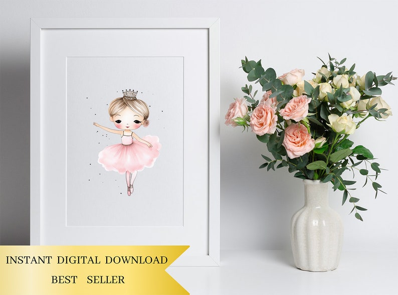 May include: A digital printable featuring a watercolor illustration of a ballerina wearing a pink tutu and a crown. The ballerina is surrounded by small white dots on a light gray background. The text "INSTANT DIGITAL DOWNLOAD BEST SELLER" is at the bottom of the image.