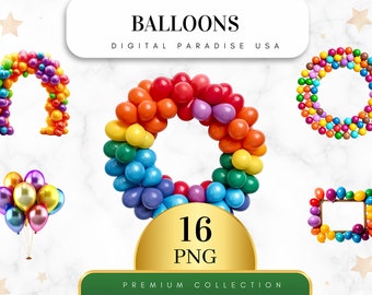 Conjunto de 16, Clipart de Balões de Aquarela, Clipart de Aniversário, Balão PNG, Balão de Aniversário PNG, Clipart de Festa, Sublimação PNG, Png Digital
