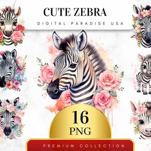 Set of 16, Cute Zebra Clipart, Zebra PNG, Jungle Animal Clipart, Safari Clipart, Zoo Animal, Baby Shower Png, Sublimation PNG, Digital PNG