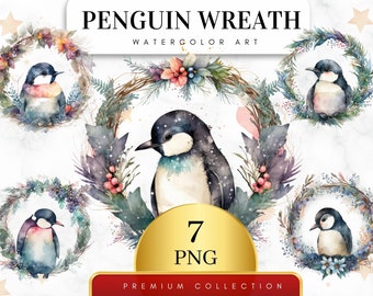 Set of 7, Watercolor Penguin Floral wreath, Penguin Clipart, Penguin Png, Watercolor Clipart, Winter Frame Png, Nursery Decor, Digital PNG