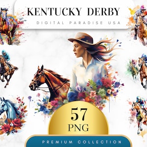 Set of 57, Kentucky Derby Clipart, Horse Racing Clipart, Racehorse PNG, Derby Party Decor, Equestrian Art, Sublimation PNG, Digital Download