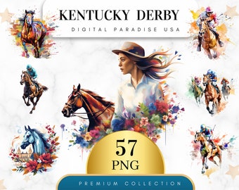 Set of 57, Kentucky Derby Clipart, Horse Racing Clipart, Racehorse PNG, Derby Party Decor, Equestrian Art, Sublimation PNG, Digital Download