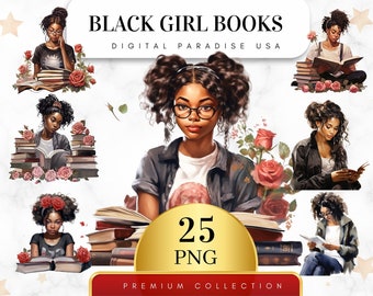 Set of 25, Black Girl Books Clipart, African American Reading, Afro Girl Clipart, Black Girl Png, Books Png,Digital Download,Sublimation PNG