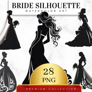 Set of 28, Bride Silhouette Clipart, Wedding Silhouette PNG, Bridal Shower Clipart, Bride and Groom Clipart, Sublimation, Digital Download