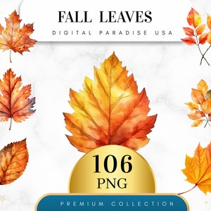 Set of 106, Fall Leaves Clipart, Autumn Leaves PNG, Fall Foliage Bundle, Botanical Clipart, Junk Journal, Digital Download, Sublimation PNG