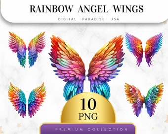 Set of 10, Rainbow Angel Wings Clipart, Angel Wings PNG, Rainbow Wings, Angel Wings Art, Watercolor Wings, Sublimation PNG, Digital Download