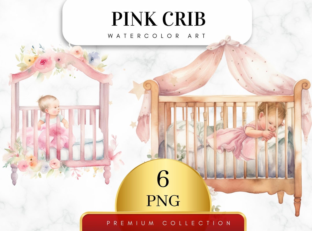 Set of 6, Watercolor Pink Crib Clipart, Pink Crib Art, Baby Crib Png