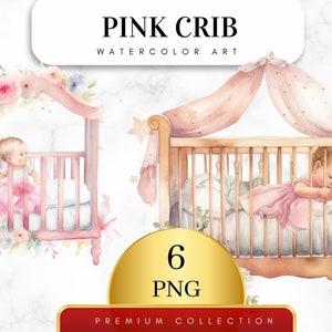 Set of 6, Watercolor Pink Crib Clipart, Pink Crib art, Baby Crib Png, Scrapbook, Wall Art, Digital Art, Sublimation, Digital PNG