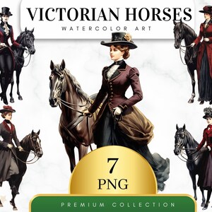 Set di 7, Clipart di cavalli vittoriani ad acquerello, Png di cavalli vittoriani, Cavalli ad acquerello, Creazione di cartoline, Arte della parete, Png da donna vintage, PNG digitale