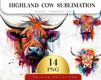 Set von 14 Highland Kuh Sublimation Clipart, Highland Kuh PNG, Aquarell Highland Kuh, Boho Tier Clipart, Highland Kuh Kunst, Digitales PNG